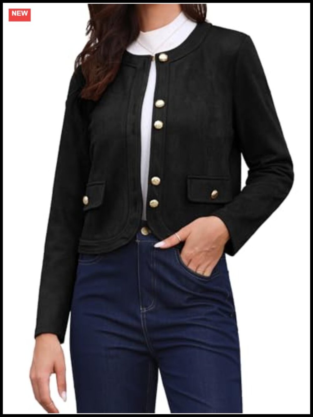 Faux Suede Collarless Button Down Cropped Jacket Long Sleeve Casual Outerwear